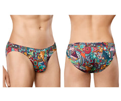Doreanse 1217-prn groovy bikini color printed swim trunks with vibrant teal orange red green geometric tribal design