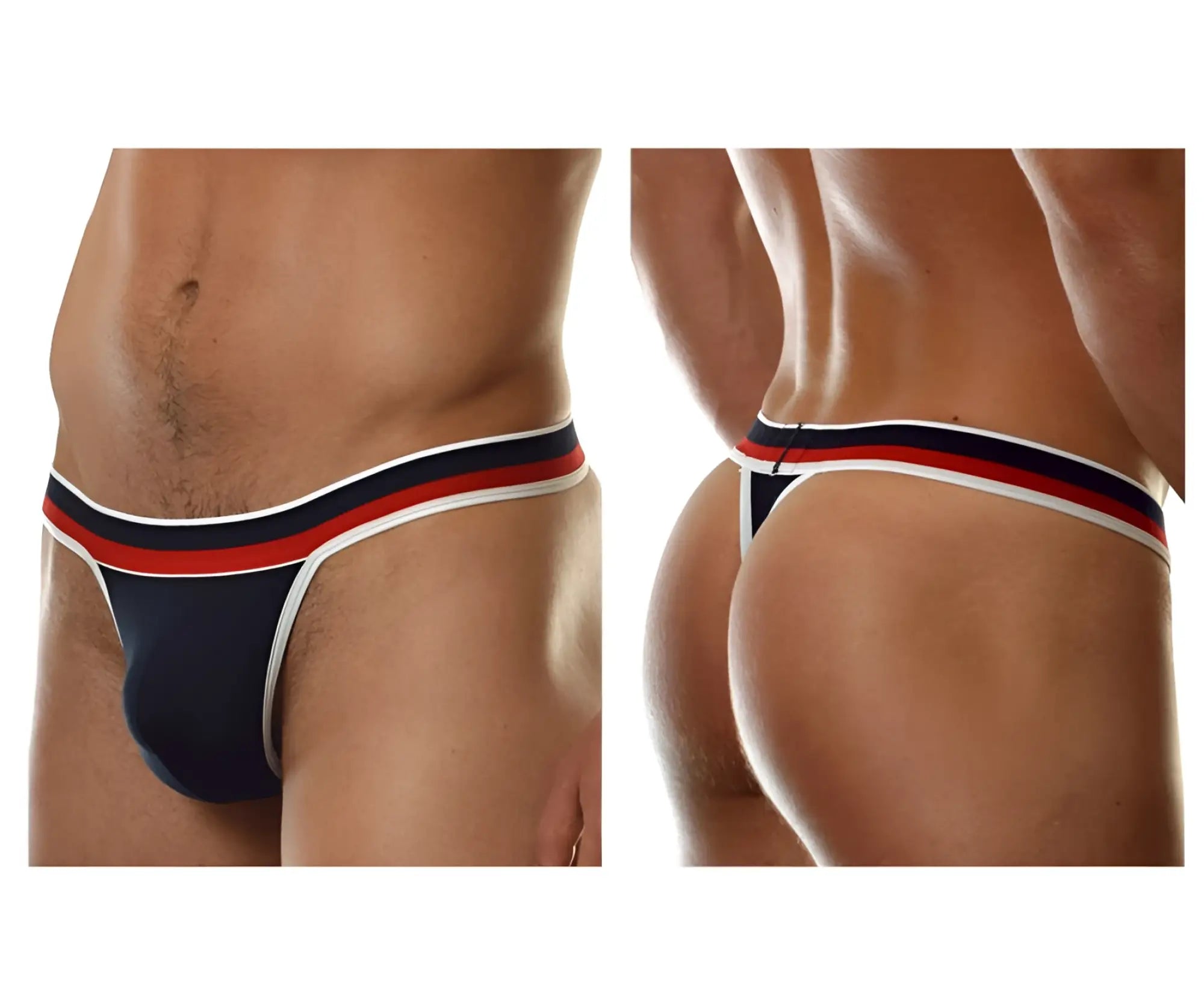 Navy blue Doreanse 1218-NVY Metro thong with red and white striped trim showing the back side of the product
