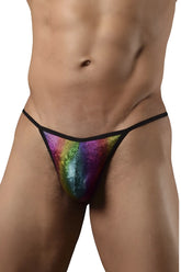 Doreanse 1300-rbw disco thongs rainbow sequined thong with black trim shown from the back side