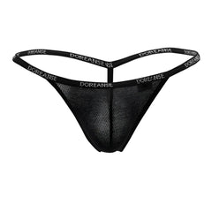 Black mesh ribbed modal t thong with doreansense branded elastic waistband showing the back side of the product