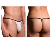White doreanse 1330-wht ribbed modal t-thong with black elastic waistband featuring repeating brand logo text