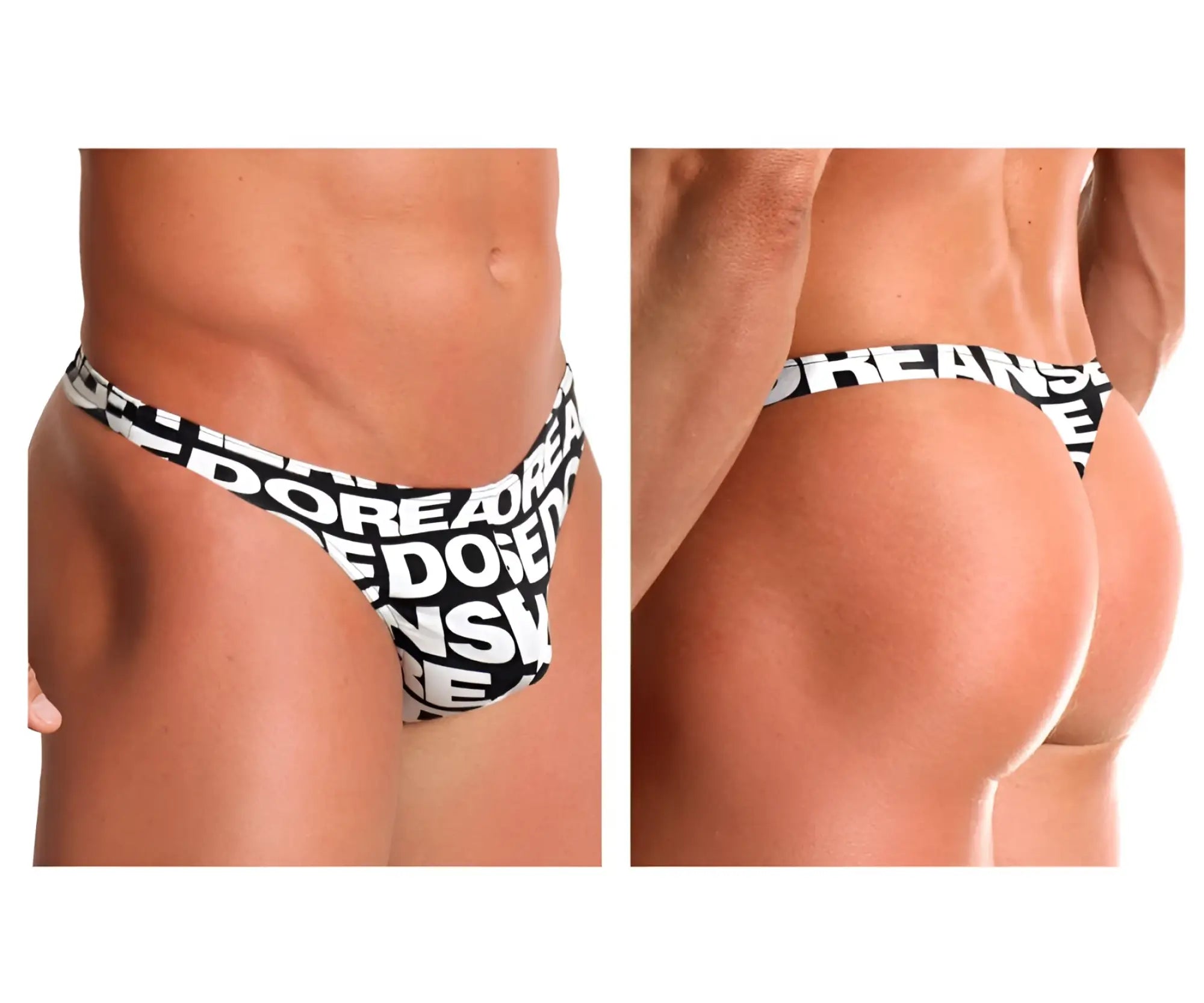 Black and white patterned men’s thong with bold repeating doreanse logo print from doreanse 1369-prn big logo thong color printed