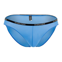 Light blue doreanse 1395-blu aire bikini briefs with black waistband featuring doreanse logo in white lettering