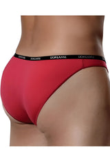 Red doreanse 1395 air bikini briefs with black waistband featuring white doreanse branding in red color