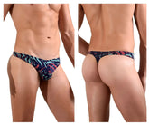 Doreanse 1406-prn submarine thong in vibrant tropical leaf pattern with navy blue teal and pink colors