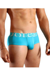 Turquoise blue men’s pouch mini trunk briefs with white doreanse logo band in color turquoise