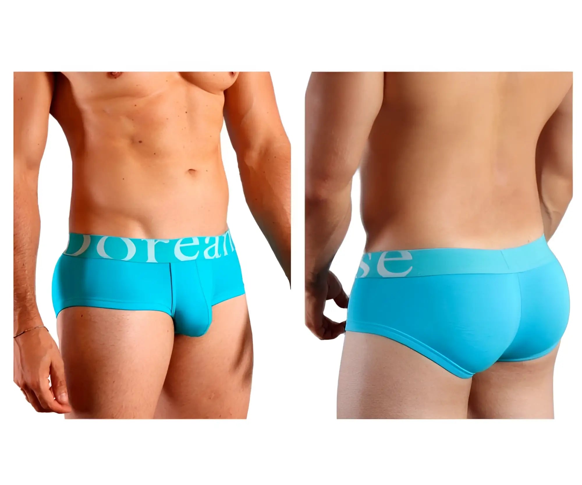 Bright turquoise men’s pouch mini trunk briefs with white doreanse logo waistband for comfortable support