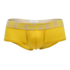 Bright yellow doreanse 1779-ylw men’s pouch mini trunks with beige elastic waistband and dream lettering in light tan