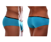 Bright blue doreanse 1781-trq naked mini trunk briefs with black elastic waistband and white brand lettering