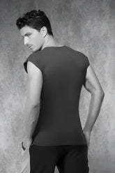 Black sleeveless fitted top with rounded neckline paired with doreanse navy short sleeved t shirt size s