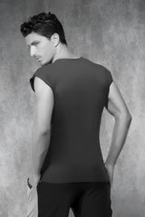 Black sleeveless fitted top with rounded neckline paired with doreanse navy short sleeved t shirt size s