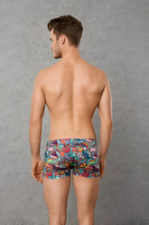 Doreanse patchwork boxer brief underwear size M in vibrant teal red purple and orange tropical geometric pattern