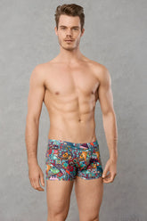 Men’s doreanse patchwork boxer brief underwear size M with colorful cartoonish pattern in blue green orange and purple