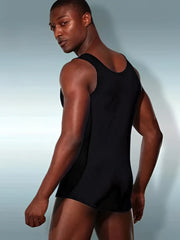 Black sleeveless athletic tank bodysuit doranse wide neck fitted cut size s with rounded neckline