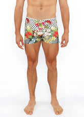 Dots abstract printed swim shorts featuring vibrant floral and polka-dot patterns in white red green and black