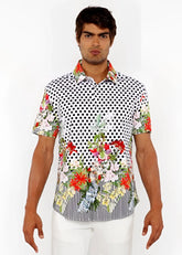 Dots abstract s/s woven modal border shirt with white base, black polka dots, red pink flowers, and striped hem detailing