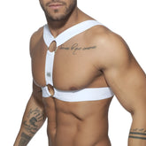 White adjustable chest harness with metal double rings and a small logo tag for secure fit and style