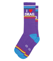 Purple i heart drag crew socks with colorful blue red yellow stripes and bright turquoise toe caps