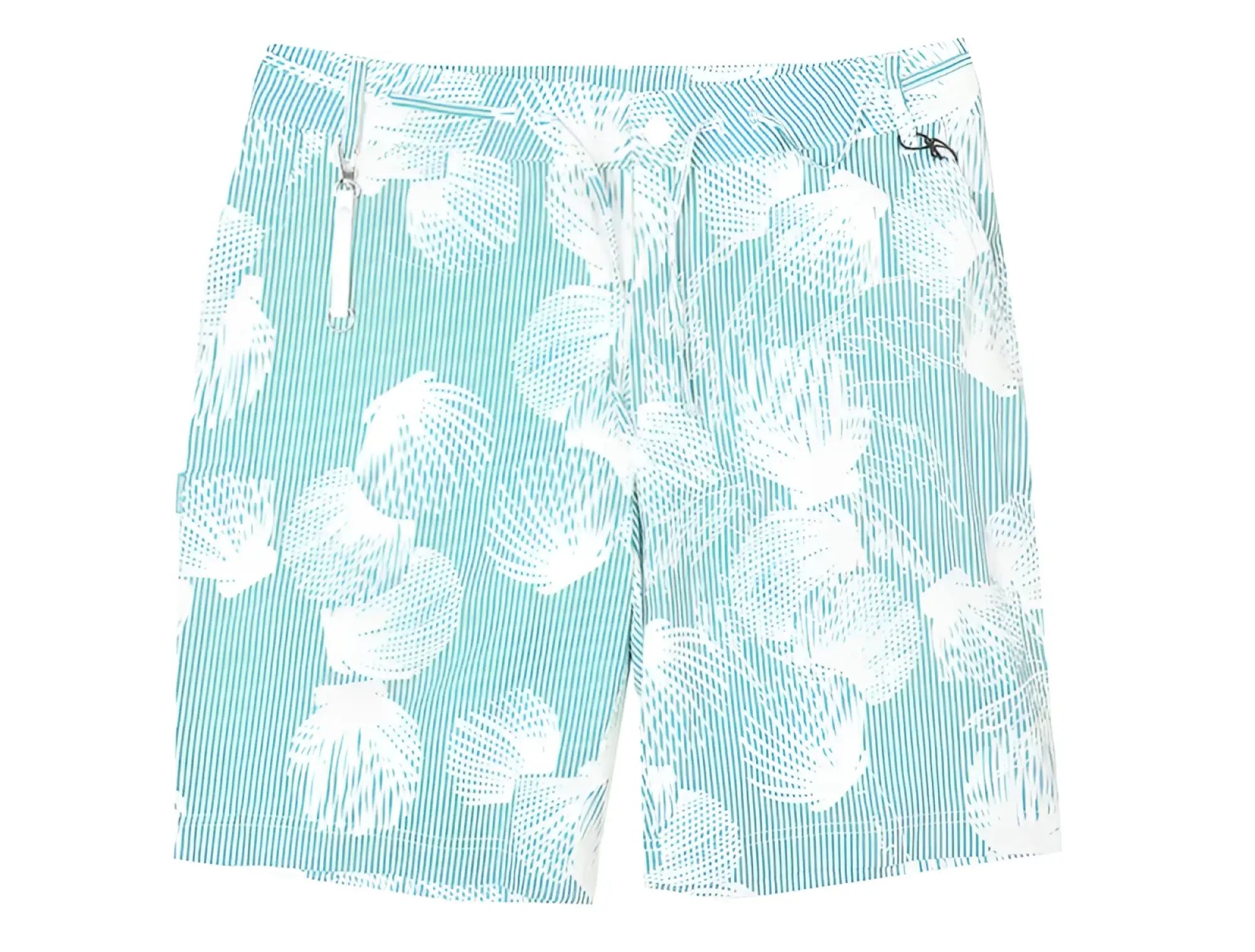 Dreamland short swim trunks in teal and white with seashell pattern and vertical stripes perfect for beachwear