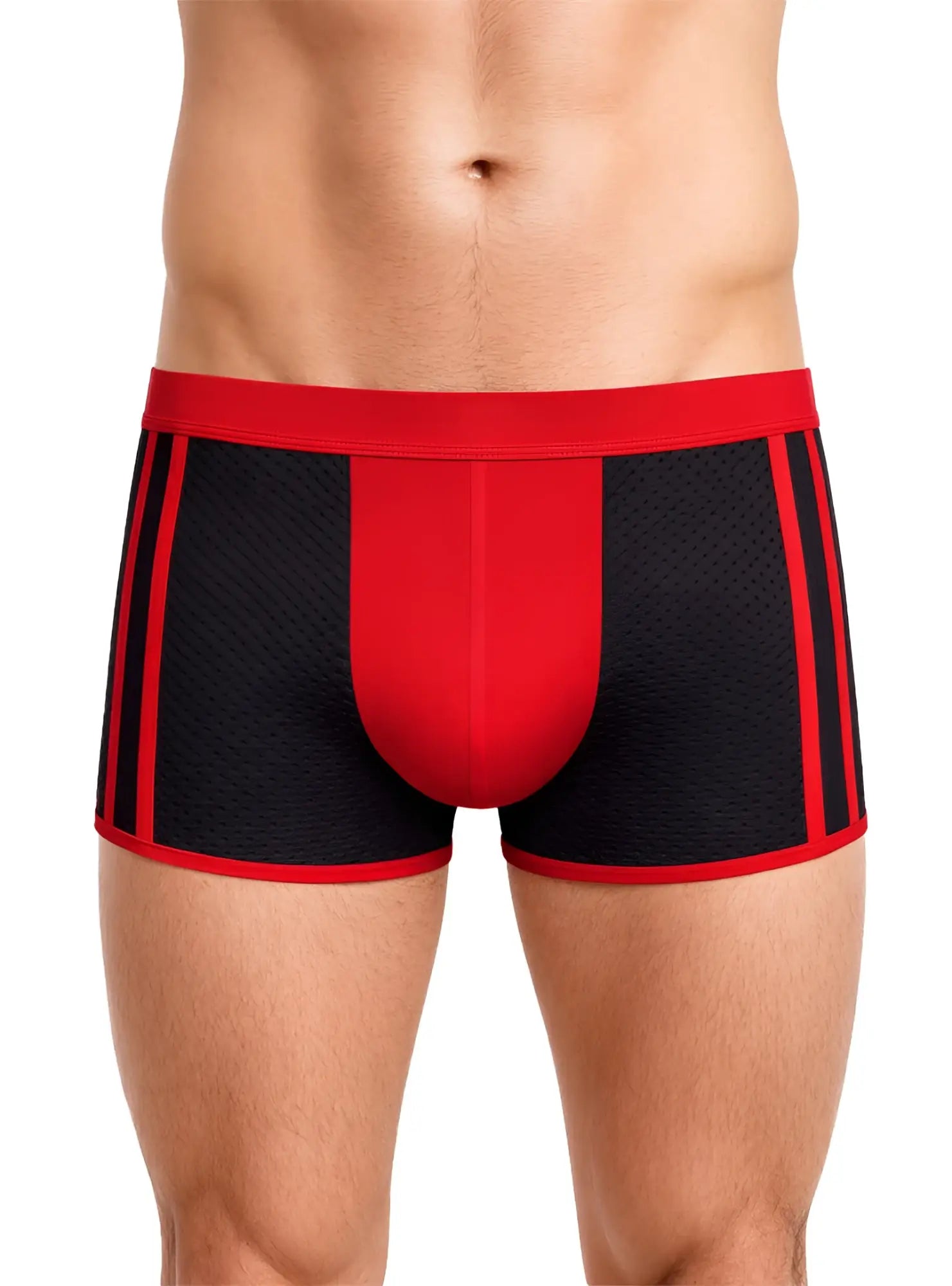 Black and red dual tone trunk athletic boxer briefs with breathable mesh panels for activewear use