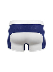 Blue and white dual tone trunk athletic briefs with mesh panels and striped side accents for active wear