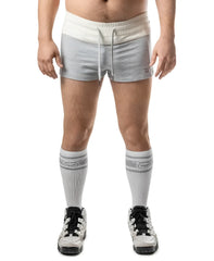 Dual trunk short gray and cream athletic shorts with drawstring waistband for comfortable activewear