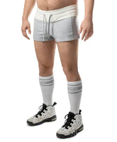 Gray and white dual trunk short athletic shorts with drawstring waistband made for active wear