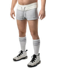 Gray and white dual trunk short athletic shorts with drawstring waistband made for active wear