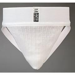 White duke athletic supporter jock strap underwear with ribbed waistband and size label in size L