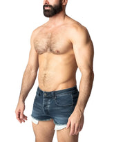 Dark blue denim duke shorts with frayed hem and white trim for casual summer wear