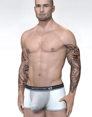 Gray textured duo big boy pouch boxer briefs with black elastic waistband featuring wildman branding
