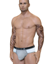 Gray and white duo big boy pouch brief black athletic briefs with black elastic waistband featuring wildman logo