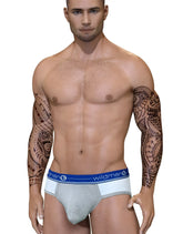 Gray and white duo big boy pouch brief with blue wildman waistband designed for athletic support and comfort
