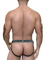 Black wildman duo big boy pouch jock strap briefs with white logo waistband showing front side view