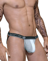 Gray and white athletic brief with black waistband featuring wildman branding duo big boy pouch jock strap front view