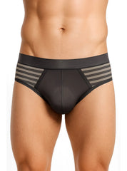 Easy stretch brief black briefs with gray striped mesh side panels for comfortable everyday wear