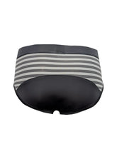 Easy stretch brief in gray and white stripes with a black leather-like front panel for comfortable wear