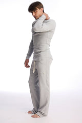 Gray eco track and yoga sweat pant set in soft fabric with a relaxed fit perfect for casual and active wear
