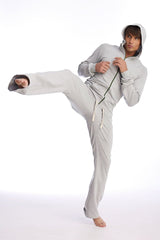 Light gray eco-track and yoga sweat pant set with hooded sweatshirt, full-zip front, dark green zipper, and white drawstrings