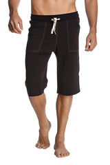 Black eco-track shorts with bamboo green drawstring white contrasting stitching and side pockets for casual wear