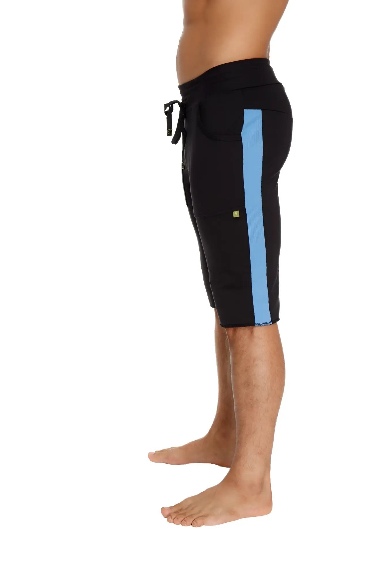 Black eco-track athletic shorts with a light blue side stripe and yellow logo designed for activewear use