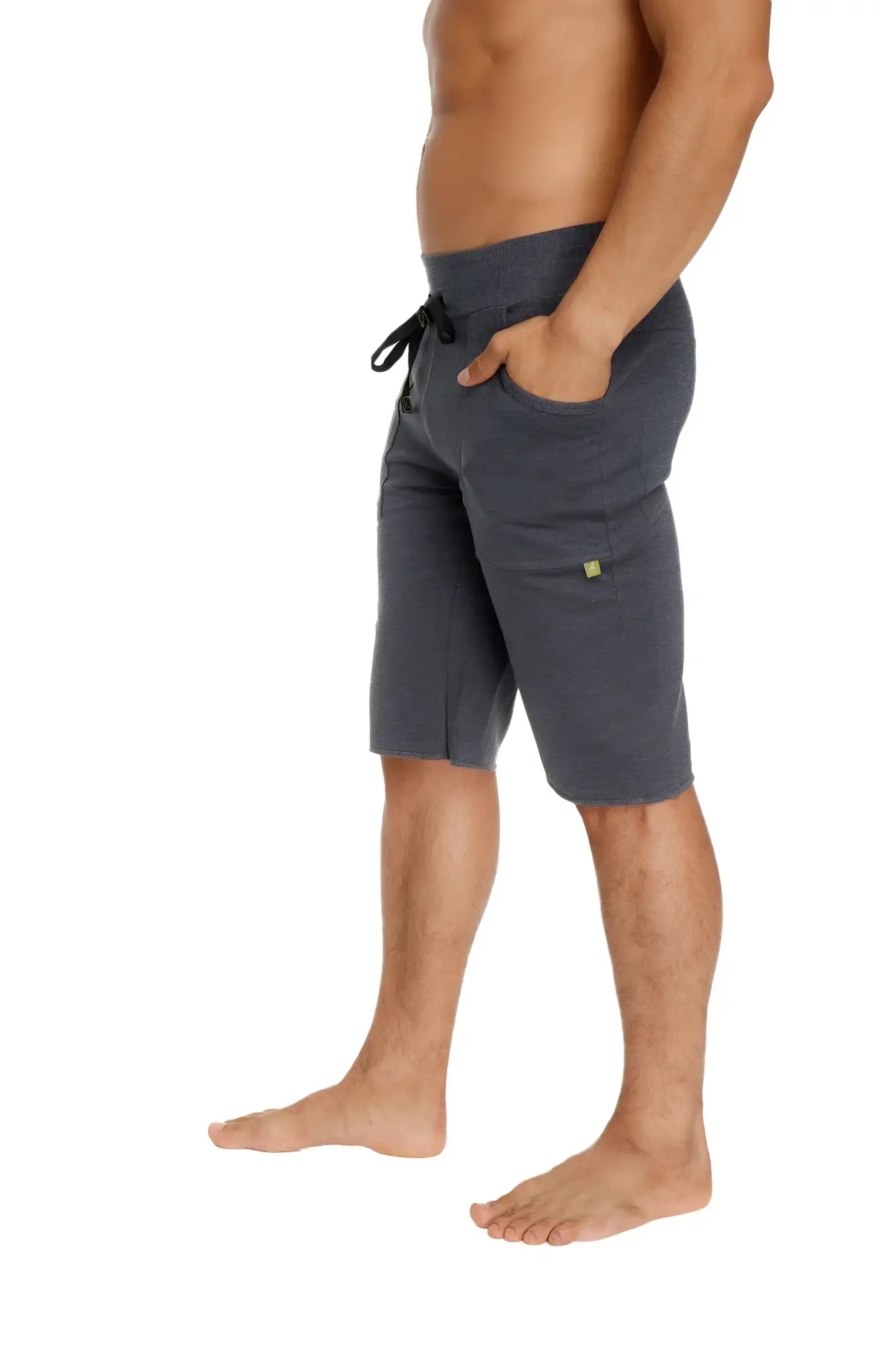 Dark gray eco-track shorts with soft texture drawstring waistband and side pockets for comfortable active wear