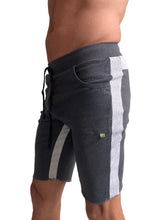 Eco-track short charcoal with grey features dark gray athletic shorts with white vertical stripes and black drawstring waistband