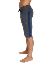 Eco-Track short charcoal with royal blue featuring gray heathered fabric, navy stripe, drawstring waistband, and green logo