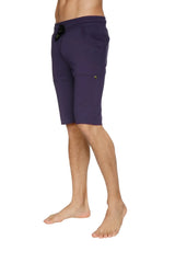Eco-track short in eggplant features dark purple athletic fabric with drawstring waistband and multiple pockets