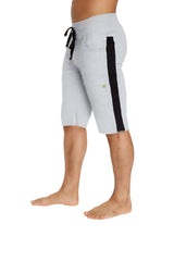 Light gray heather eco-track shorts with black vertical stripe and matching drawstring waistband for athletic use
