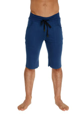 Eco-track royal blue athletic shorts with black drawstring waistband and side pockets for active wear