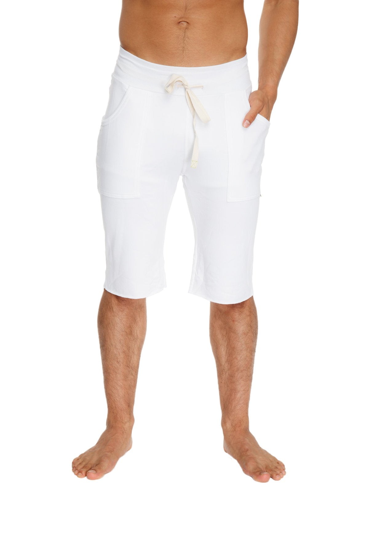 White cotton eco track shorts with drawstring waist and two front pockets for casual comfort
