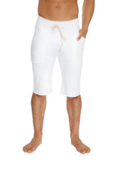 White cotton eco track shorts with drawstring waist and two front pockets for casual comfort