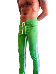 Bright green eco-track and yoga sweat pant made from bamboo green fabric with white side stripes and drawstring waistband